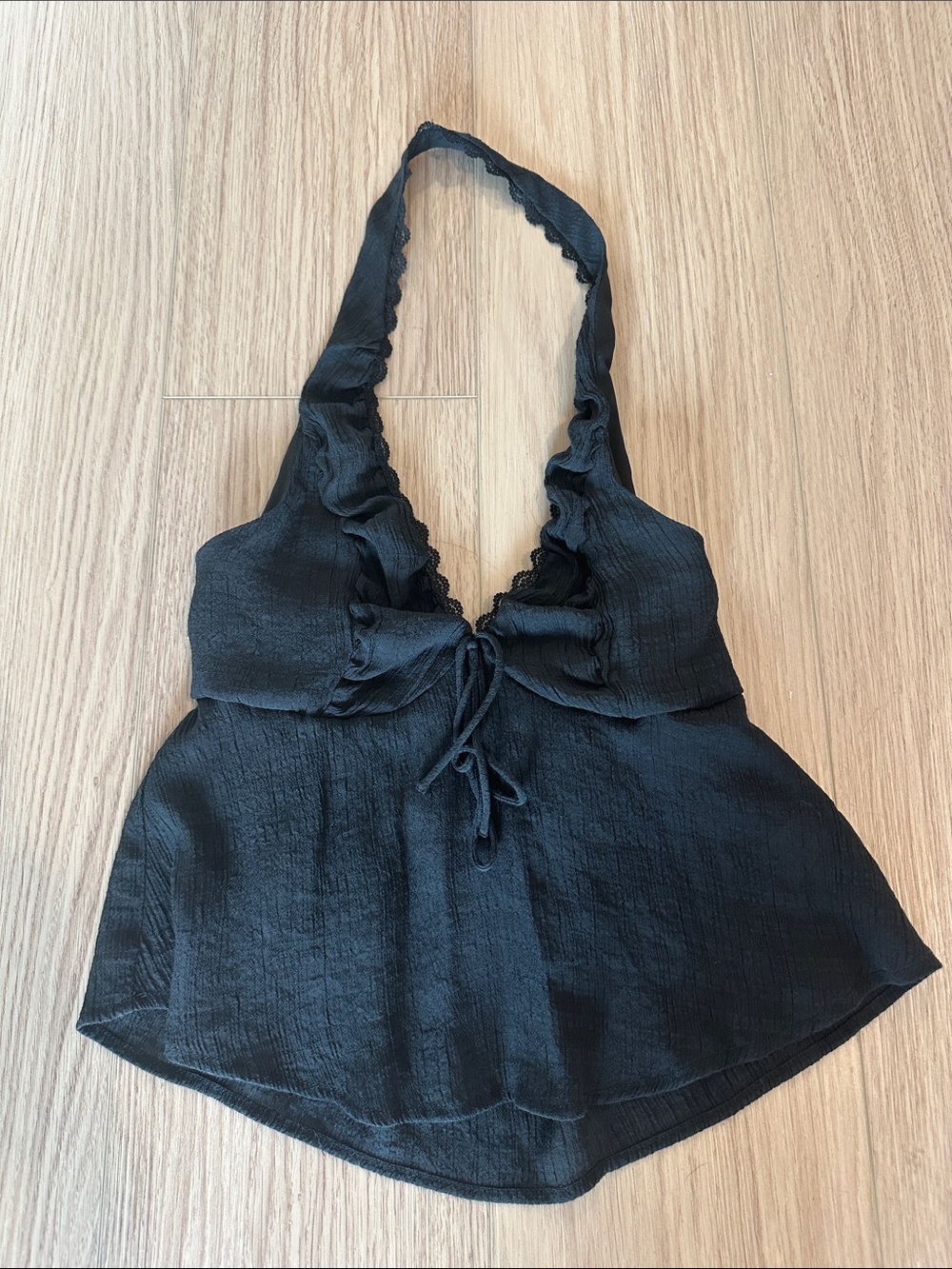 Black Halter Tie-Front Ruffle Camisole - Women's